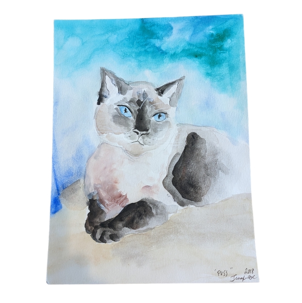 Original signed Watercolor. "Puss", Siamese cat. Pet Portrait.